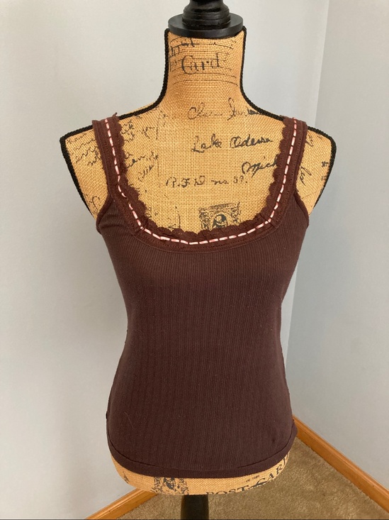 Free People Tops - Free People Chocolate Brown Ribbed Tank Pink Contrast Trim Women Size Large